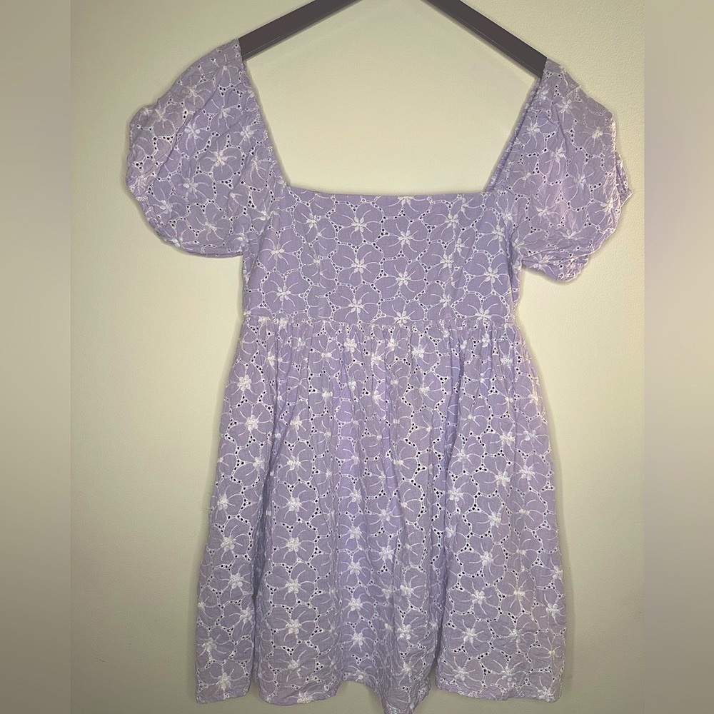 Lulus Fit to Frolic Eyelet Lace Lavender Puff Sleeve Square Neck Dress